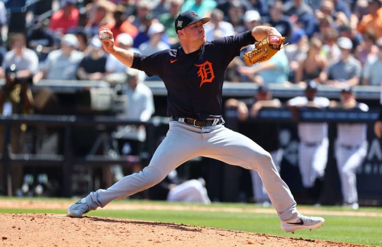 Mar 20, 2022; Tampa, Florida, USA; Detroit Tigers pitcher Chase Anderson (48) throws a pitch during the fourth inning against the New York Yankees during spring training at George M. Steinbrenner Field. Mandatory Credit: Kim Klement-USA TODAY Sports