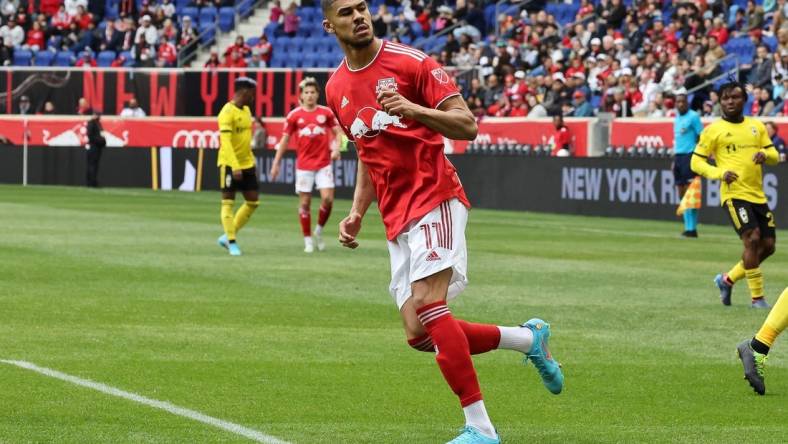 Mar 20, 2022; Harrison, New Jersey, USA; New York Red Bulls forward Ashley Fletcher (11) in action during the second half against the Columbus Crew at Red Bull Arena. Mandatory Credit: Vincent Carchietta-USA TODAY Sports