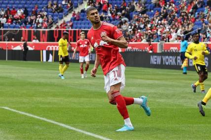 Mar 20, 2022; Harrison, New Jersey, USA; New York Red Bulls forward Ashley Fletcher (11) in action during the second half against the Columbus Crew at Red Bull Arena. Mandatory Credit: Vincent Carchietta-USA TODAY Sports