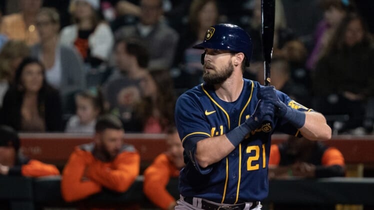 Mar 21, 2022; Scottsdale, Arizona, USA; Milwaukee Brewers outfielder David Dahl (21) bats in the third inning against the San Francisco Giants during spring training at Scottsdale Stadium. Mandatory Credit: Allan Henry-USA TODAY Sports