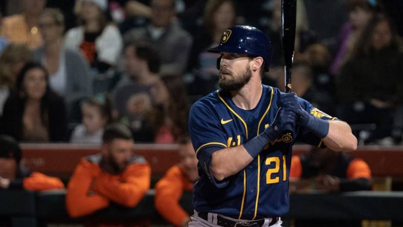 Mar 21, 2022; Scottsdale, Arizona, USA; Milwaukee Brewers outfielder David Dahl (21) bats in the third inning against the San Francisco Giants during spring training at Scottsdale Stadium. Mandatory Credit: Allan Henry-USA TODAY Sports