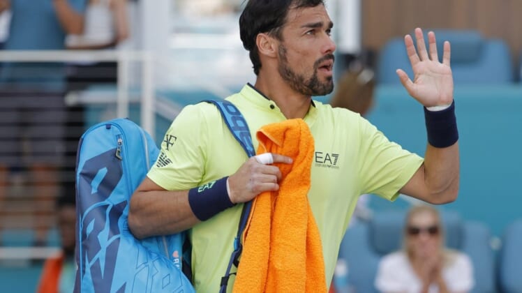Mar 27, 2022; Miami Gardens, FL, USA; Fabio Fognini (ITA) waves to the crowd while leaving the court after his match against Nick Kyrgios (AUS)(not pictured) in a third round men's singles match in the Miami Open at Hard Rock Stadium. Mandatory Credit: Geoff Burke-USA TODAY Sports