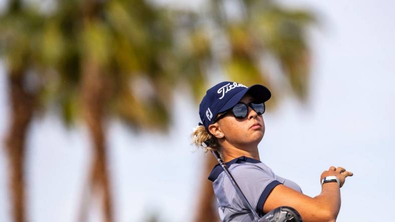 Pauline Roussin-Bouchard of France tees off on 11 at Mission Hills Country Club in Rancho Mirage, Calif., Thursday, March 31, 2022.