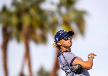 Pauline Roussin-Bouchard of France tees off on 11 at Mission Hills Country Club in Rancho Mirage, Calif., Thursday, March 31, 2022.