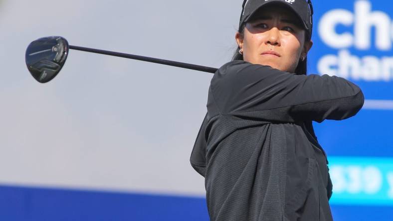 Danielle Kang tees off on the 9th hole during the second round of the Chevron Championship at Mission Hills Country Club in Rancho Mirage, Calif., April 1, 2022.

Chevron Championship Friday 17