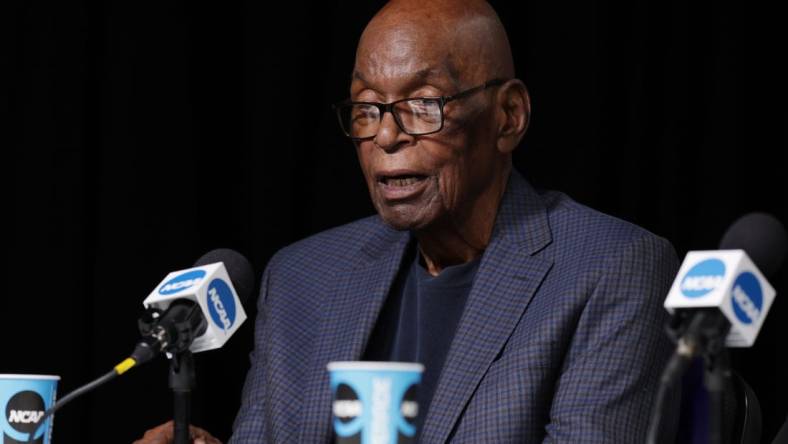 Apr 2, 2022; New Orleans, LA, USA;  Naismith Memorial Basketball Hall of Fame inductee and former NBA official Hugh Evans speaks during a press conference at Caesars Superdome. Mandatory Credit: Stephen Lew-USA TODAY Sports