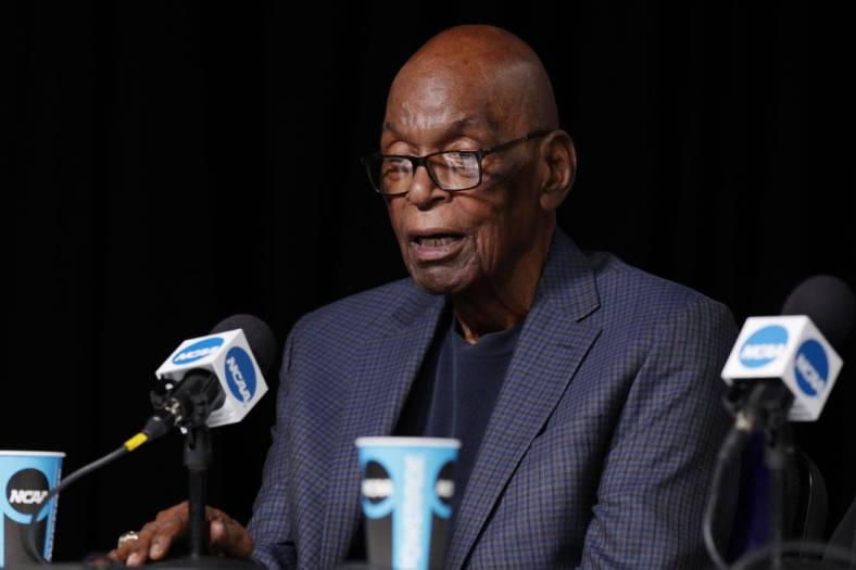 Apr 2, 2022; New Orleans, LA, USA;  Naismith Memorial Basketball Hall of Fame inductee and former NBA official Hugh Evans speaks during a press conference at Caesars Superdome. Mandatory Credit: Stephen Lew-USA TODAY Sports