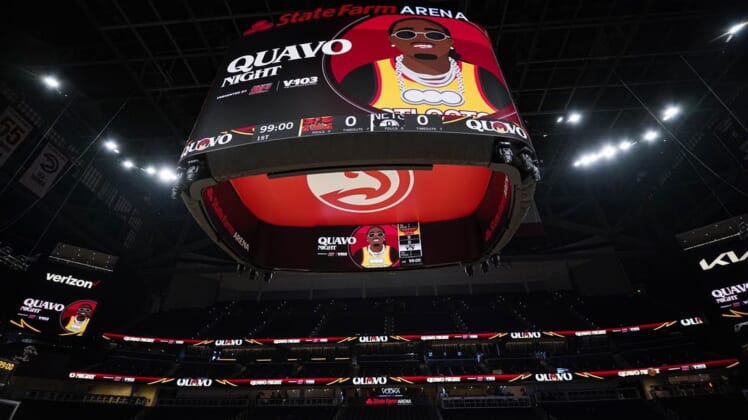 Apr 2, 2022; Atlanta, Georgia, USA; A general view of the arena and scoreboard on Quavo night prior to the game between the Brooklyn Nets against the Atlanta Hawks at State Farm Arena. Mandatory Credit: Dale Zanine-USA TODAY Sports