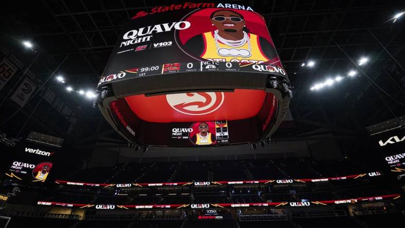 Apr 2, 2022; Atlanta, Georgia, USA; A general view of the arena and scoreboard on Quavo night prior to the game between the Brooklyn Nets against the Atlanta Hawks at State Farm Arena. Mandatory Credit: Dale Zanine-USA TODAY Sports