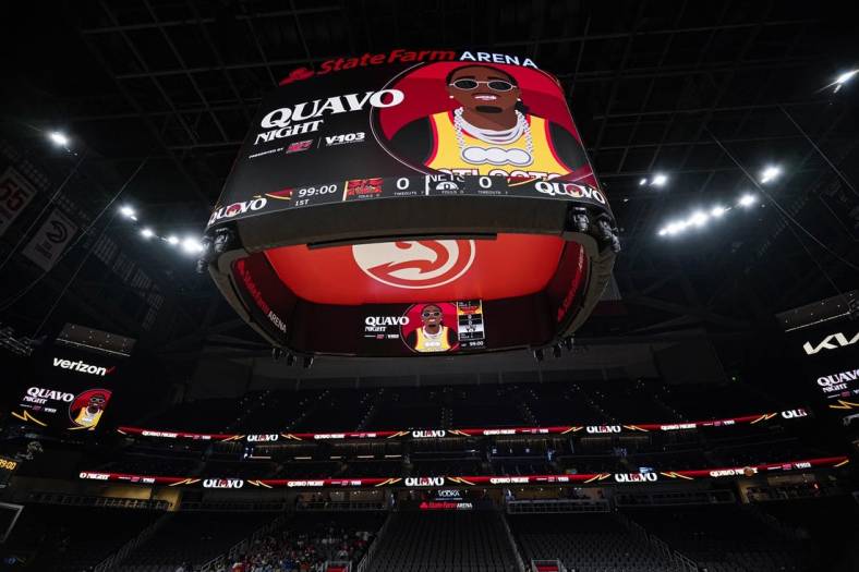 Apr 2, 2022; Atlanta, Georgia, USA; A general view of the arena and scoreboard on Quavo night prior to the game between the Brooklyn Nets against the Atlanta Hawks at State Farm Arena. Mandatory Credit: Dale Zanine-USA TODAY Sports