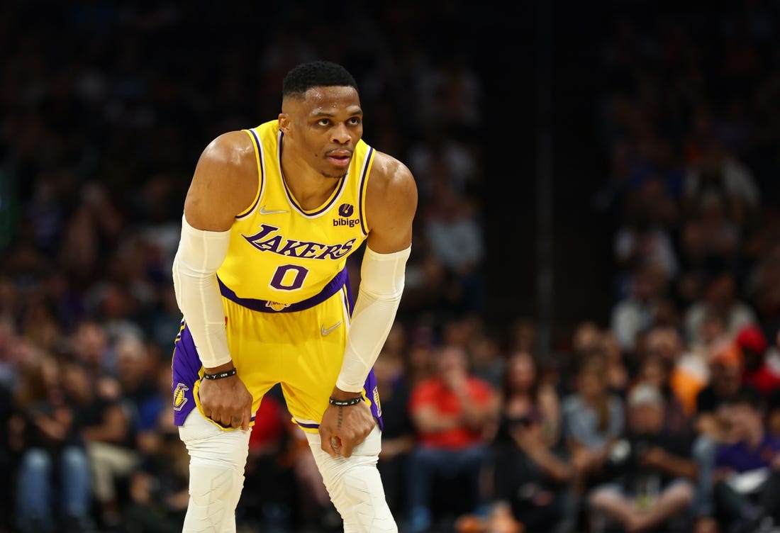 Apr 5, 2022; Phoenix, Arizona, USA; Los Angeles Lakers guard Russell Westbrook against the Phoenix Suns at Footprint Center. Mandatory Credit: Mark J. Rebilas-USA TODAY Sports