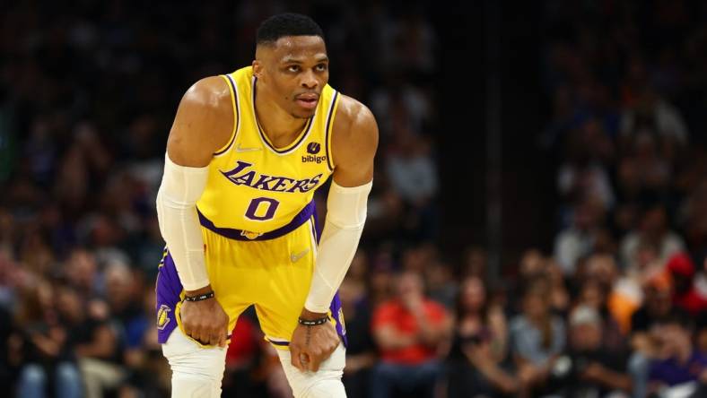 Apr 5, 2022; Phoenix, Arizona, USA; Los Angeles Lakers guard Russell Westbrook against the Phoenix Suns at Footprint Center. Mandatory Credit: Mark J. Rebilas-USA TODAY Sports