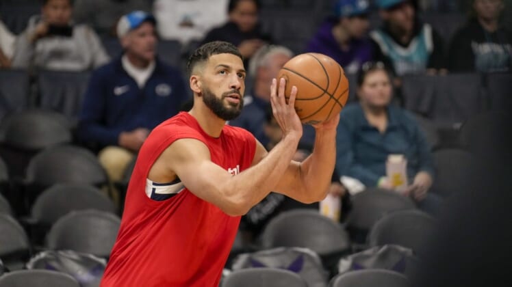 Apr 10, 2022; Charlotte, North Carolina, USA; Washington Wizards forward Anthony Gill (16) warms up during the first quarter against the Charlotte Hornets at Spectrum Center. Mandatory Credit: Jim Dedmon-USA TODAY Sports