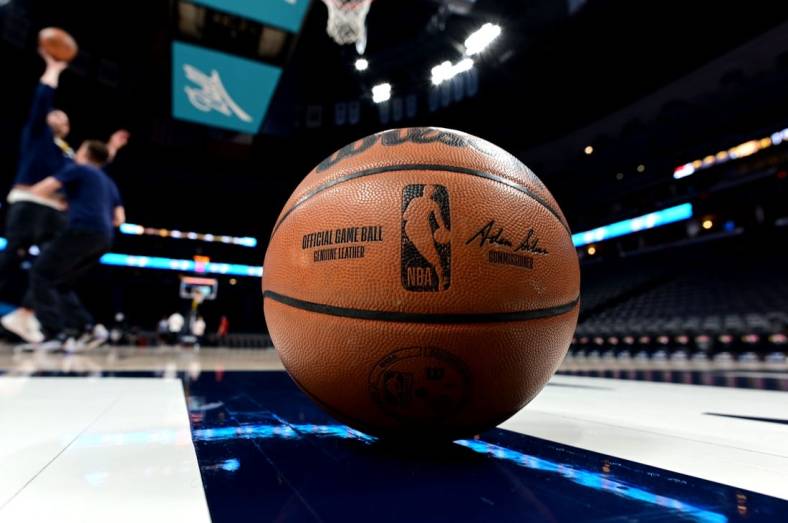 Apr 10, 2022; Denver, Colorado, USA; General view of a NBA Wilson basketball before the game between the Los Angeles Lakers against the Denver Nuggets at Ball Arena. Mandatory Credit: Ron Chenoy-USA TODAY Sports