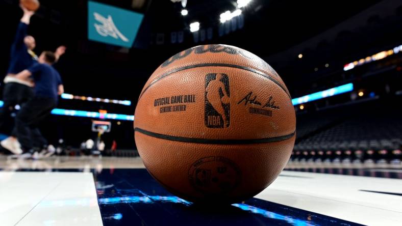 Apr 10, 2022; Denver, Colorado, USA; General view of a NBA Wilson basketball before the game between the Los Angeles Lakers against the Denver Nuggets at Ball Arena. Mandatory Credit: Ron Chenoy-USA TODAY Sports