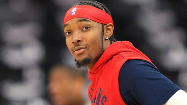 Apr 5, 2022; Sacramento, California, USA; New Orleans Pelicans guard Devonte' Graham (4) before the game against the Sacramento Kings at Golden 1 Center. Mandatory Credit: Darren Yamashita-USA TODAY Sports