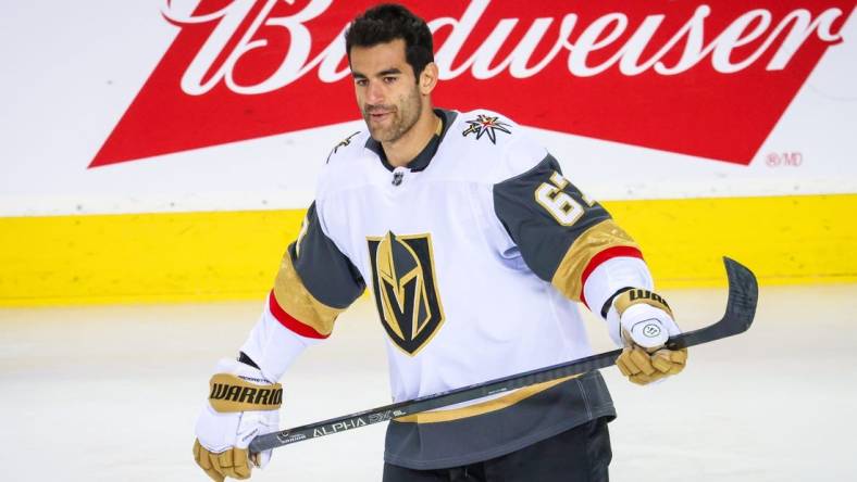 Apr 14, 2022; Calgary, Alberta, CAN; Vegas Golden Knights left wing Max Pacioretty (67) skates during the warmup period against the Calgary Flames at Scotiabank Saddledome. Mandatory Credit: Sergei Belski-USA TODAY Sports