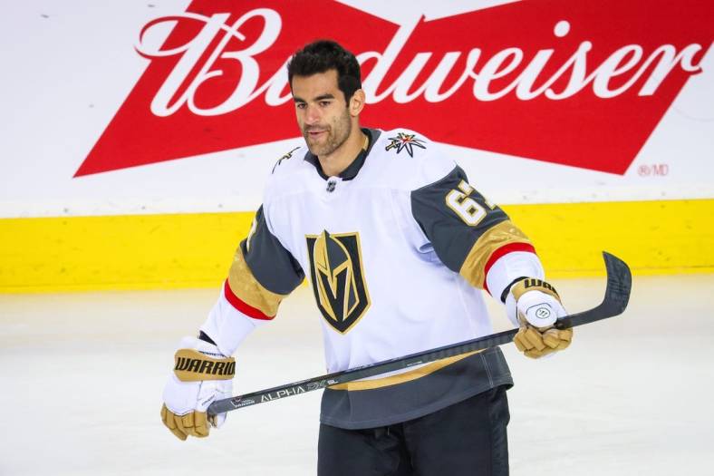 Apr 14, 2022; Calgary, Alberta, CAN; Vegas Golden Knights left wing Max Pacioretty (67) skates during the warmup period against the Calgary Flames at Scotiabank Saddledome. Mandatory Credit: Sergei Belski-USA TODAY Sports