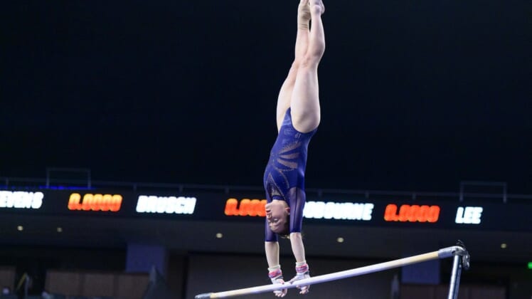 Apr 14, 2022; Fort Worth, TX, USA; UCLA gymnast Norah Flatley during the session two semi finals at Dickies Arena. Mandatory Credit: Jerome Miron-USA TODAY Sports