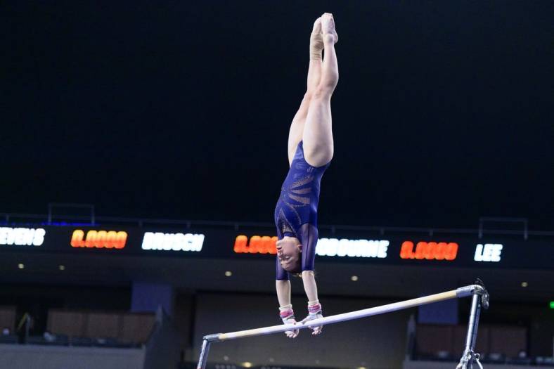Apr 14, 2022; Fort Worth, TX, USA; UCLA gymnast Norah Flatley during the session two semi finals at Dickies Arena. Mandatory Credit: Jerome Miron-USA TODAY Sports