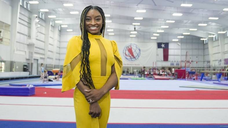 Mar. 8, 2022; Spring, TX, USA; USA TODAY Women of the Year honoree Simone Biles poses for a portrait while at World Champions Centre Gymnastics Training Center one Tuesday, Mar. 8, 2022. Mandatory Credit: Jarrad Henderson-USA TODAY