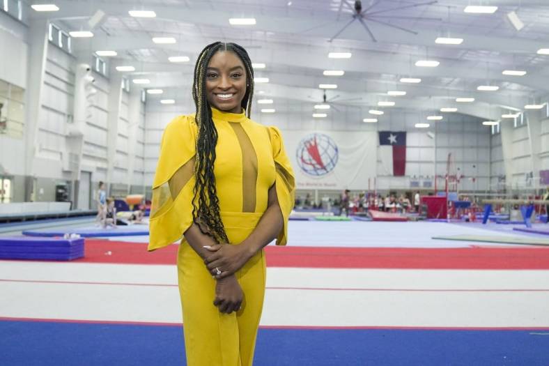 Mar. 8, 2022; Spring, TX, USA; USA TODAY Women of the Year honoree Simone Biles poses for a portrait while at World Champions Centre Gymnastics Training Center one Tuesday, Mar. 8, 2022. Mandatory Credit: Jarrad Henderson-USA TODAY
