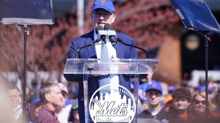Apr 15, 2022; New York City, New York, USA; New York Mets owner Steve Cohen speaks during the Tom Seaver Statue unveiling ceremony prior to the game against the Arizona Diamondbacks at Citi Field. Mandatory Credit: Gregory Fisher-USA TODAY Sports
