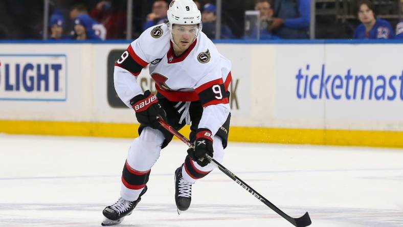 Apr 9, 2022; New York, New York, USA; Ottawa Senators center Josh Norris (9) skates with the puck against New York Rangers during the third period at Madison Square Garden. Mandatory Credit: Tom Horak-USA TODAY Sports