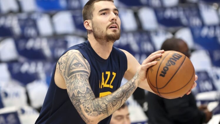 Apr 18, 2022; Dallas, Texas, USA; Utah Jazz forward Juancho Hernangomez (41) warms up before game two of the first round for the 2022 NBA playoffs against the Dallas Mavericks at American Airlines Center. Mandatory Credit: Kevin Jairaj-USA TODAY Sports