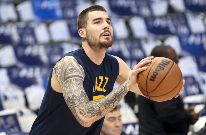 Apr 18, 2022; Dallas, Texas, USA; Utah Jazz forward Juancho Hernangomez (41) warms up before game two of the first round for the 2022 NBA playoffs against the Dallas Mavericks at American Airlines Center. Mandatory Credit: Kevin Jairaj-USA TODAY Sports