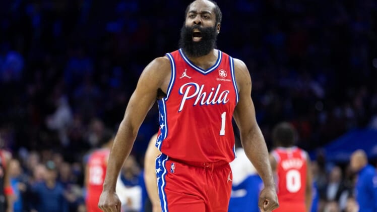 Apr 18, 2022; Philadelphia, Pennsylvania, USA; Philadelphia 76ers guard James Harden (1) reacts after a score against the Toronto Raptors during the first quarter in game two of the first round for the 2022 NBA playoffs at Wells Fargo Center. Mandatory Credit: Bill Streicher-USA TODAY Sports