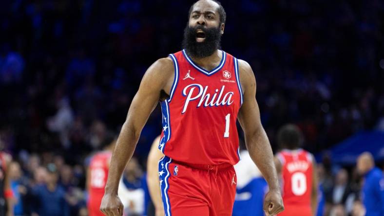 Apr 18, 2022; Philadelphia, Pennsylvania, USA; Philadelphia 76ers guard James Harden (1) reacts after a score against the Toronto Raptors during the first quarter in game two of the first round for the 2022 NBA playoffs at Wells Fargo Center. Mandatory Credit: Bill Streicher-USA TODAY Sports