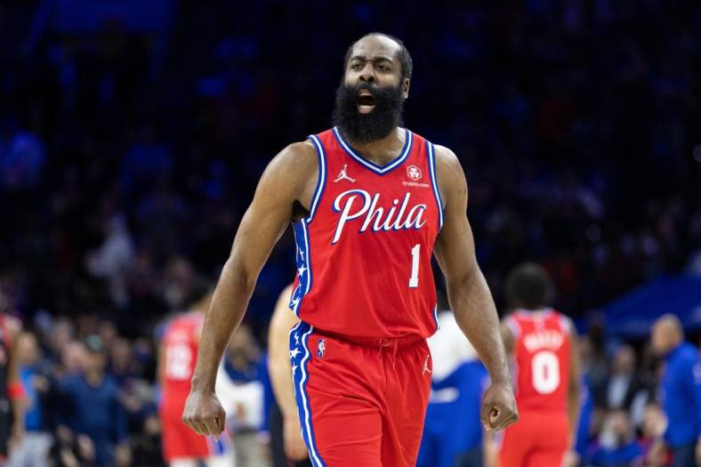 Apr 18, 2022; Philadelphia, Pennsylvania, USA; Philadelphia 76ers guard James Harden (1) reacts after a score against the Toronto Raptors during the first quarter in game two of the first round for the 2022 NBA playoffs at Wells Fargo Center. Mandatory Credit: Bill Streicher-USA TODAY Sports