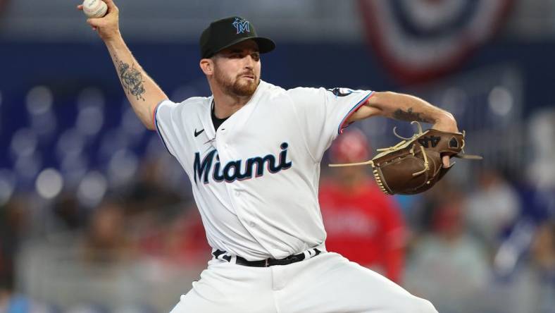 Apr 17, 2022; Miami, Florida, USA;  Miami Marlins relief pitcher Louis Head (38) throws a pitch against the Philadelphia Phillies in the ninth inning at loanDepot Park. Mandatory Credit: Nathan Ray Seebeck-USA TODAY Sports