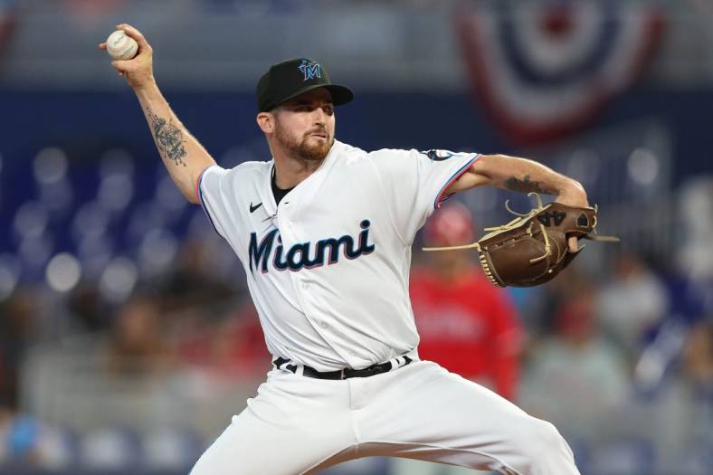 Apr 17, 2022; Miami, Florida, USA;  Miami Marlins relief pitcher Louis Head (38) throws a pitch against the Philadelphia Phillies in the ninth inning at loanDepot Park. Mandatory Credit: Nathan Ray Seebeck-USA TODAY Sports
