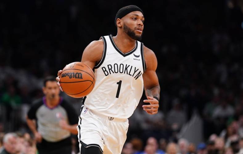 Apr 17, 2022; Boston, Massachusetts, USA; Brooklyn Nets forward Bruce Brown (1) returns the ball against the Boston Celtics in the first quarter during game one of the first round for the 2022 NBA playoffs at TD Garden. Mandatory Credit: David Butler II-USA TODAY Sports