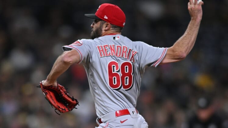 Apr 19, 2022; San Diego, California, USA; Cincinnati Reds relief pitcher Ryan Hendrix (68) throws a pitch against the San Diego Padres during the ninth inning at Petco Park. Mandatory Credit: Orlando Ramirez-USA TODAY Sports