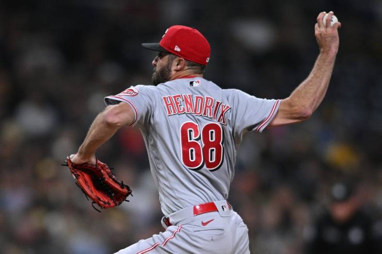 Apr 19, 2022; San Diego, California, USA; Cincinnati Reds relief pitcher Ryan Hendrix (68) throws a pitch against the San Diego Padres during the ninth inning at Petco Park. Mandatory Credit: Orlando Ramirez-USA TODAY Sports