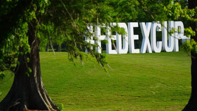 Apr 21, 2022; Avondale, Louisiana, USA; FedEx Cup signage on the course during the first round of the Zurich Classic of New Orleans golf tournament. Mandatory Credit: Andrew Wevers-USA TODAY Sports