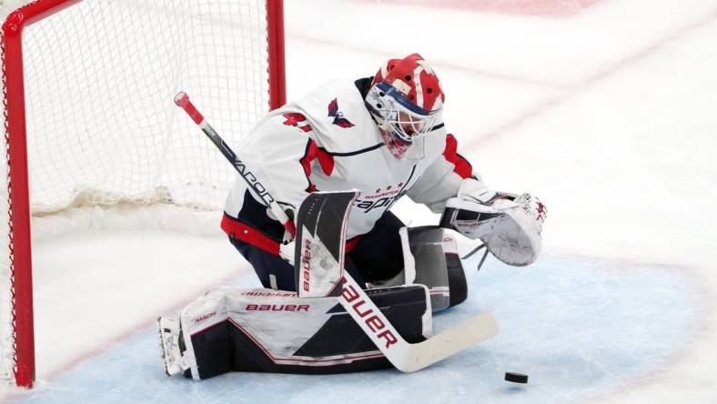 Apr 22, 2022; Glendale, Arizona, USA; Washington Capitals goaltender Vitek Vanecek (41) makes a save against the Arizona Coyotes during the second period at Gila River Arena. Mandatory Credit: Joe Camporeale-USA TODAY Sports