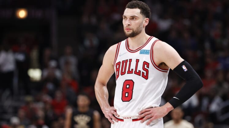 Apr 22, 2022; Chicago, Illinois, USA; Chicago Bulls guard Zach LaVine (8) looks on during the second half of game three of the first round for the 2022 NBA playoffs against the Milwaukee Bucks at United Center. Mandatory Credit: Kamil Krzaczynski-USA TODAY Sports