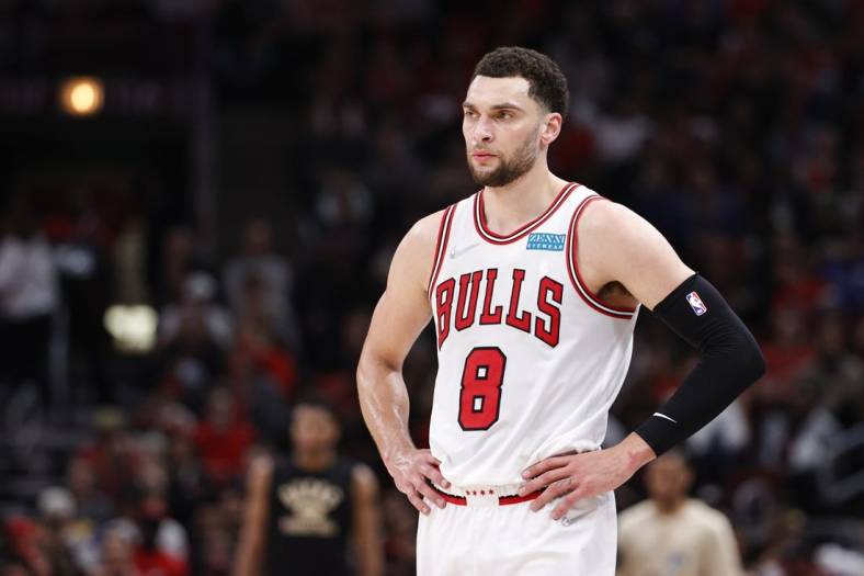 Apr 22, 2022; Chicago, Illinois, USA; Chicago Bulls guard Zach LaVine (8) looks on during the second half of game three of the first round for the 2022 NBA playoffs against the Milwaukee Bucks at United Center. Mandatory Credit: Kamil Krzaczynski-USA TODAY Sports