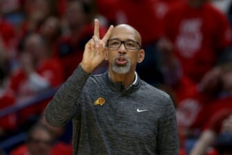 Apr 22, 2022; New Orleans, Louisiana, USA; Phoenix Suns head coach Monty Williams gestures to his players in the second quarter of game three of the first round for the 2022 NBA playoffs at the Smoothie King Center against the New Orleans Pelicans. Mandatory Credit: Chuck Cook-USA TODAY Sports