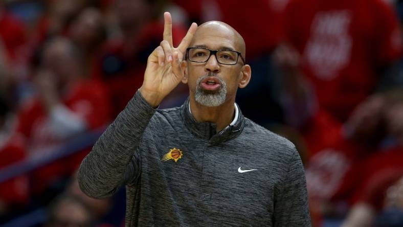 Apr 22, 2022; New Orleans, Louisiana, USA; Phoenix Suns head coach Monty Williams gestures to his players in the second quarter of game three of the first round for the 2022 NBA playoffs at the Smoothie King Center against the New Orleans Pelicans. Mandatory Credit: Chuck Cook-USA TODAY Sports