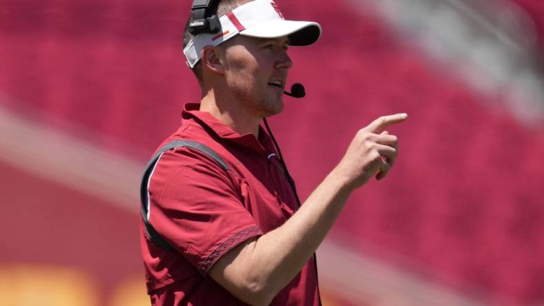 Apr 23, 2022; Los Angeles, CA, USA; Southern California Trojans coach Lincoln Riley during the spring game at the Los Angeles Memorial Coliseum. Mandatory Credit: Kirby Lee-USA TODAY Sports