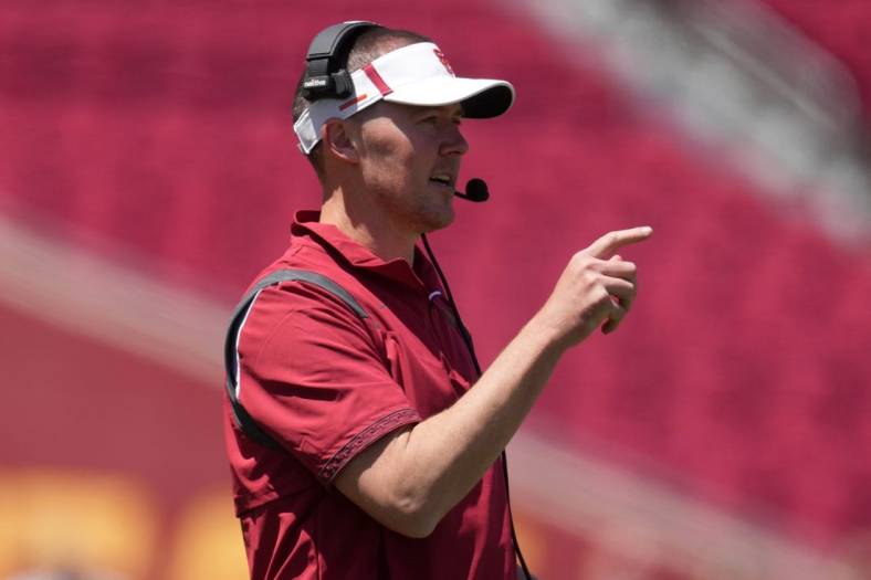 Apr 23, 2022; Los Angeles, CA, USA; Southern California Trojans coach Lincoln Riley during the spring game at the Los Angeles Memorial Coliseum. Mandatory Credit: Kirby Lee-USA TODAY Sports