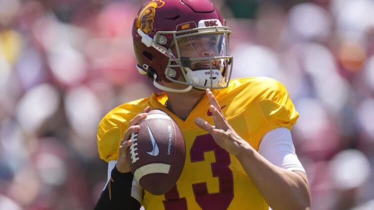 Apr 23, 2022; Los Angeles, CA, USA; Southern California Trojans quarterback Caleb Williams (13) throws the ball during the spring game at the Los Angeles Memorial Coliseum. Mandatory Credit: Kirby Lee-USA TODAY Sports