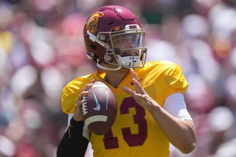 Apr 23, 2022; Los Angeles, CA, USA; Southern California Trojans quarterback Caleb Williams (13) throws the ball during the spring game at the Los Angeles Memorial Coliseum. Mandatory Credit: Kirby Lee-USA TODAY Sports