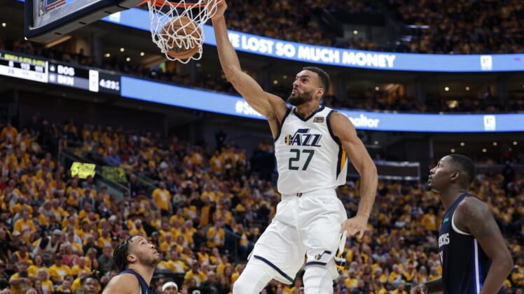 Apr 23, 2022; Salt Lake City, Utah, USA; Utah Jazz center Rudy Gobert (27) dunks the ball against the Dallas Mavericks during the third quarter in game four of the first round for the 2022 NBA playoffs at Vivint Arena. Utah Jazz won 100-00. Mandatory Credit: Chris Nicoll-USA TODAY Sports