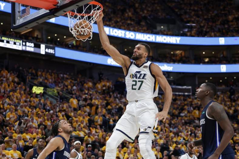 Apr 23, 2022; Salt Lake City, Utah, USA; Utah Jazz center Rudy Gobert (27) dunks the ball against the Dallas Mavericks during the third quarter in game four of the first round for the 2022 NBA playoffs at Vivint Arena. Utah Jazz won 100-00. Mandatory Credit: Chris Nicoll-USA TODAY Sports